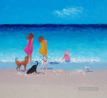 Dog Painting - girls and dogs at beach